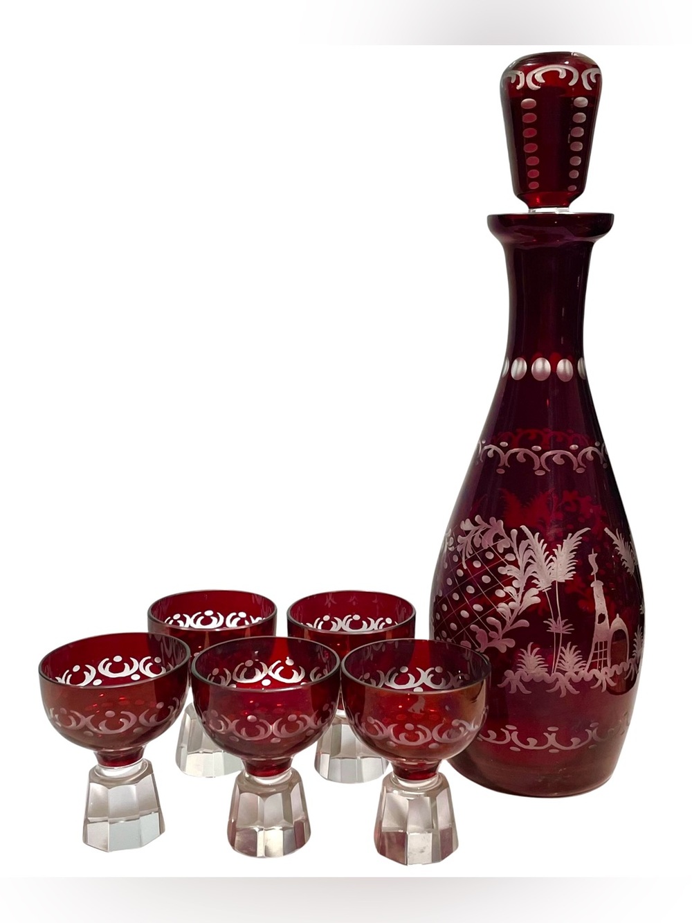 Vintage 1960s Ilmkristall East German GDR Ruby Crystal Decanter and Cordial Set